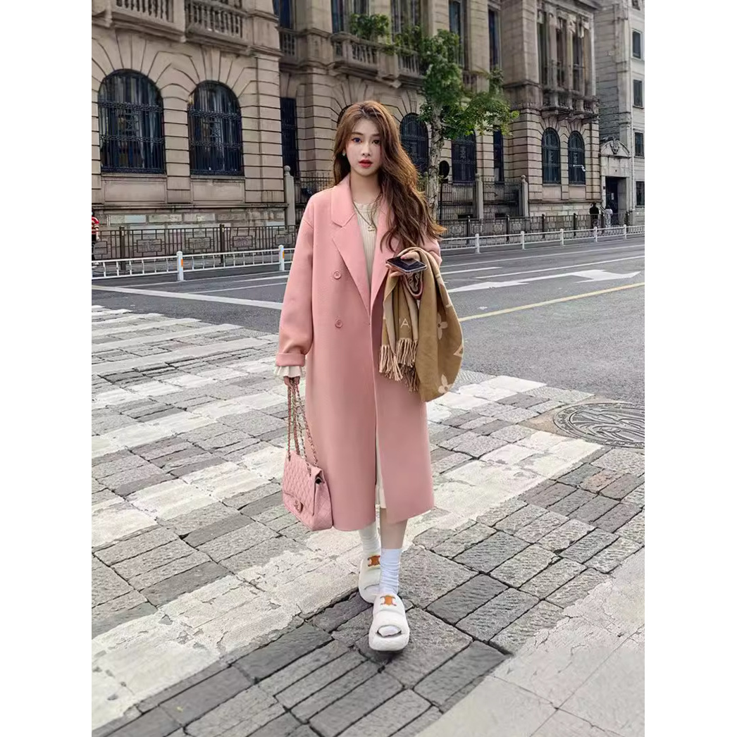 粉色时尚气质呢大衣女2024秋冬新款韩版宽松中长款赫本风毛呢外套