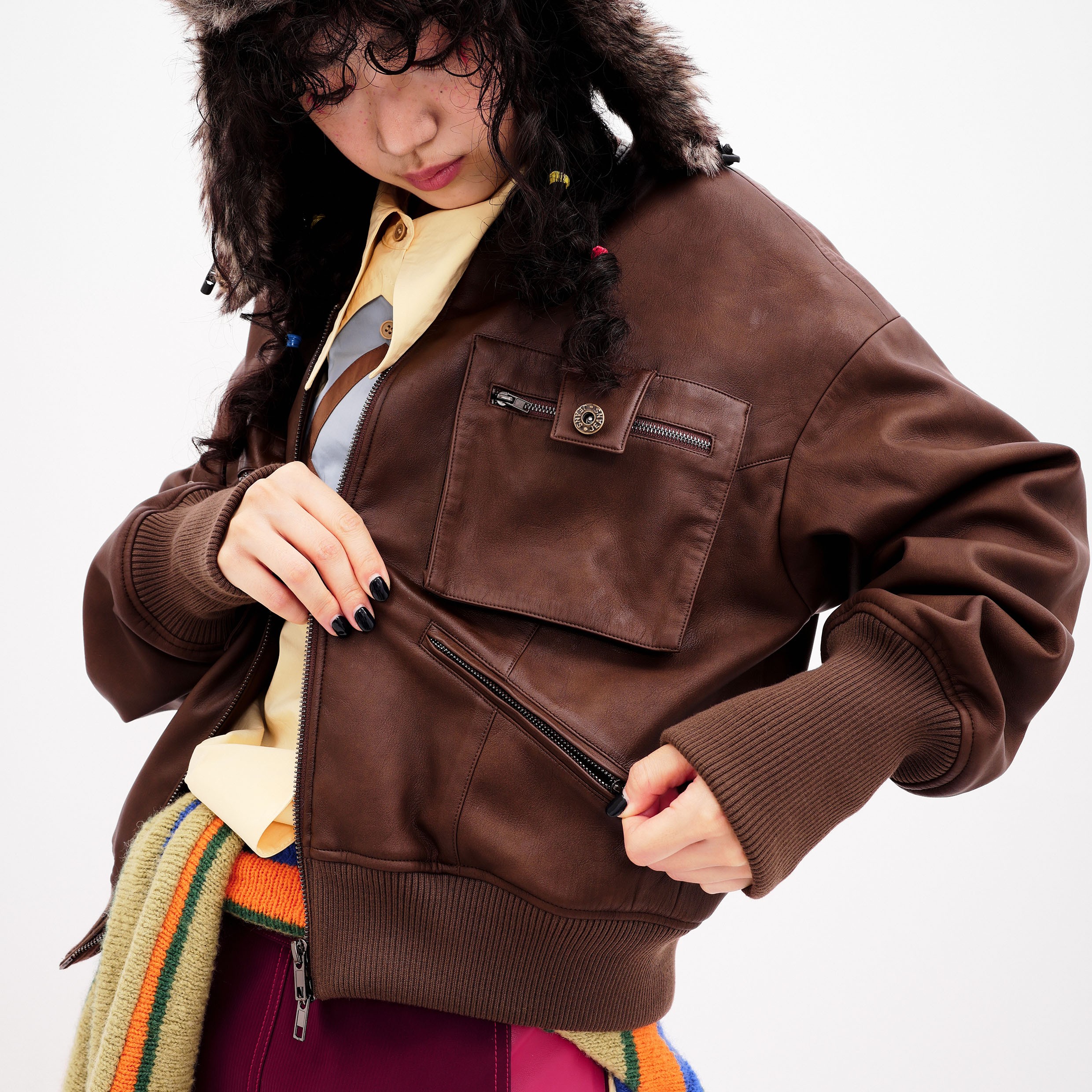 Oink oink 复古机车皮衣女立体口袋棕色加棉短款夹克外套