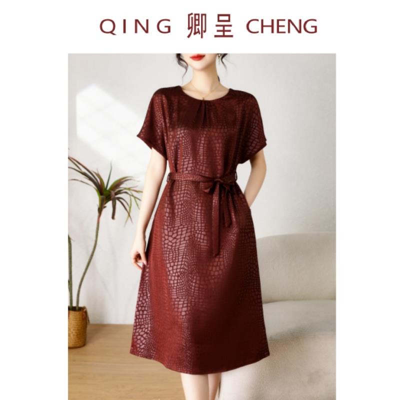 Y1115精品鳄鱼纹桑蚕丝连衣裙短袖纯色系腰带显瘦气质名媛风裙子