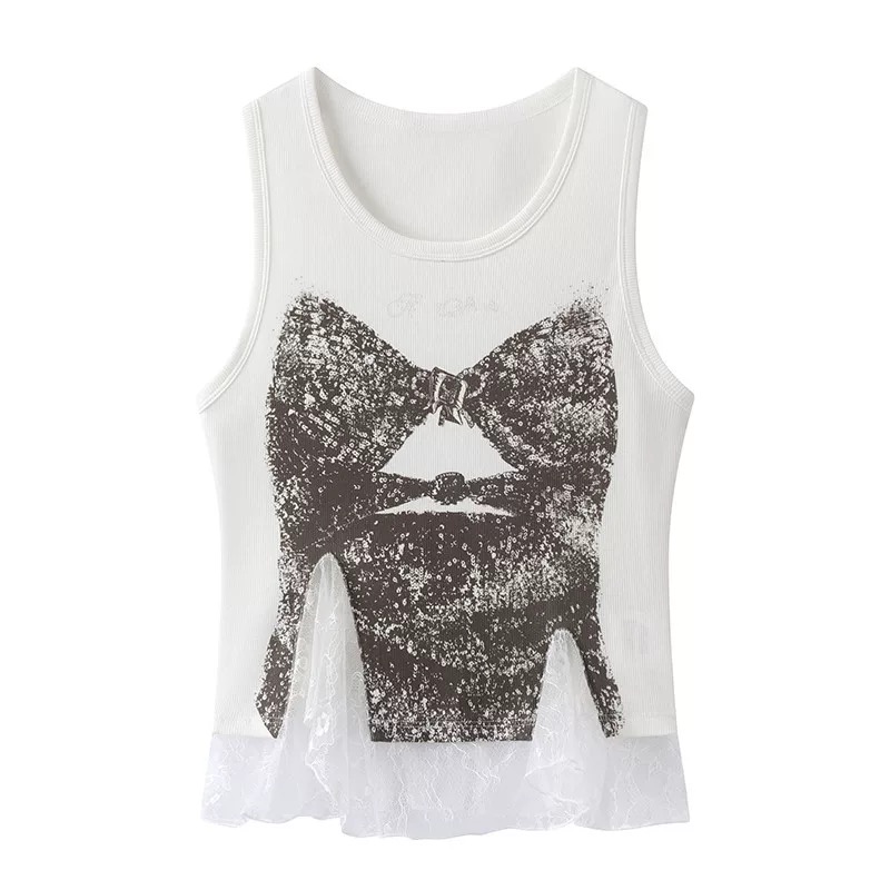 2025夏季新款蝴蝶结数码印花不规则蕾丝拼接无袖白色背心上衣.426