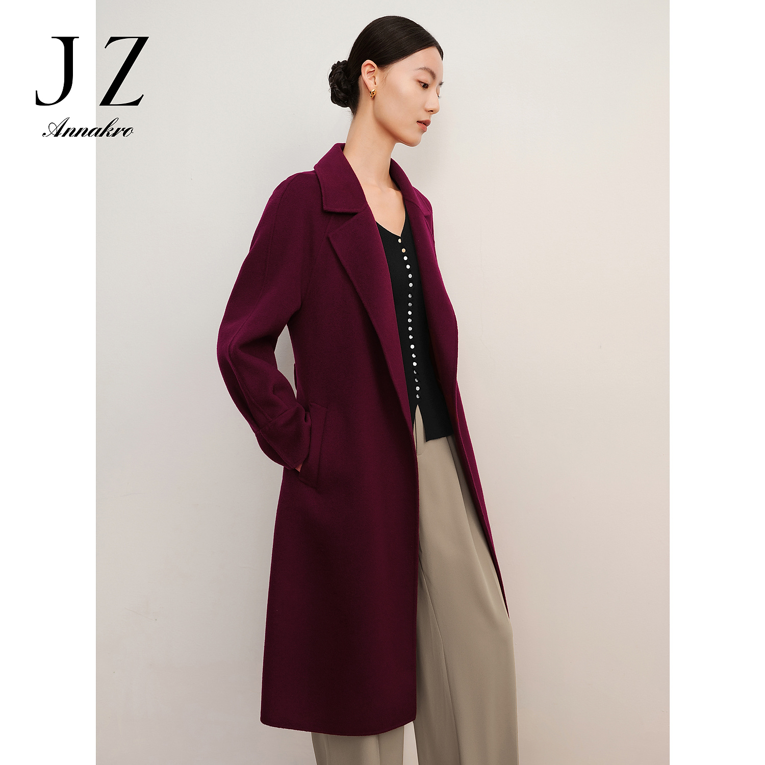 【籽言专属】玖姿安娜蔻JTDD72107风收腰长大衣双面呢女