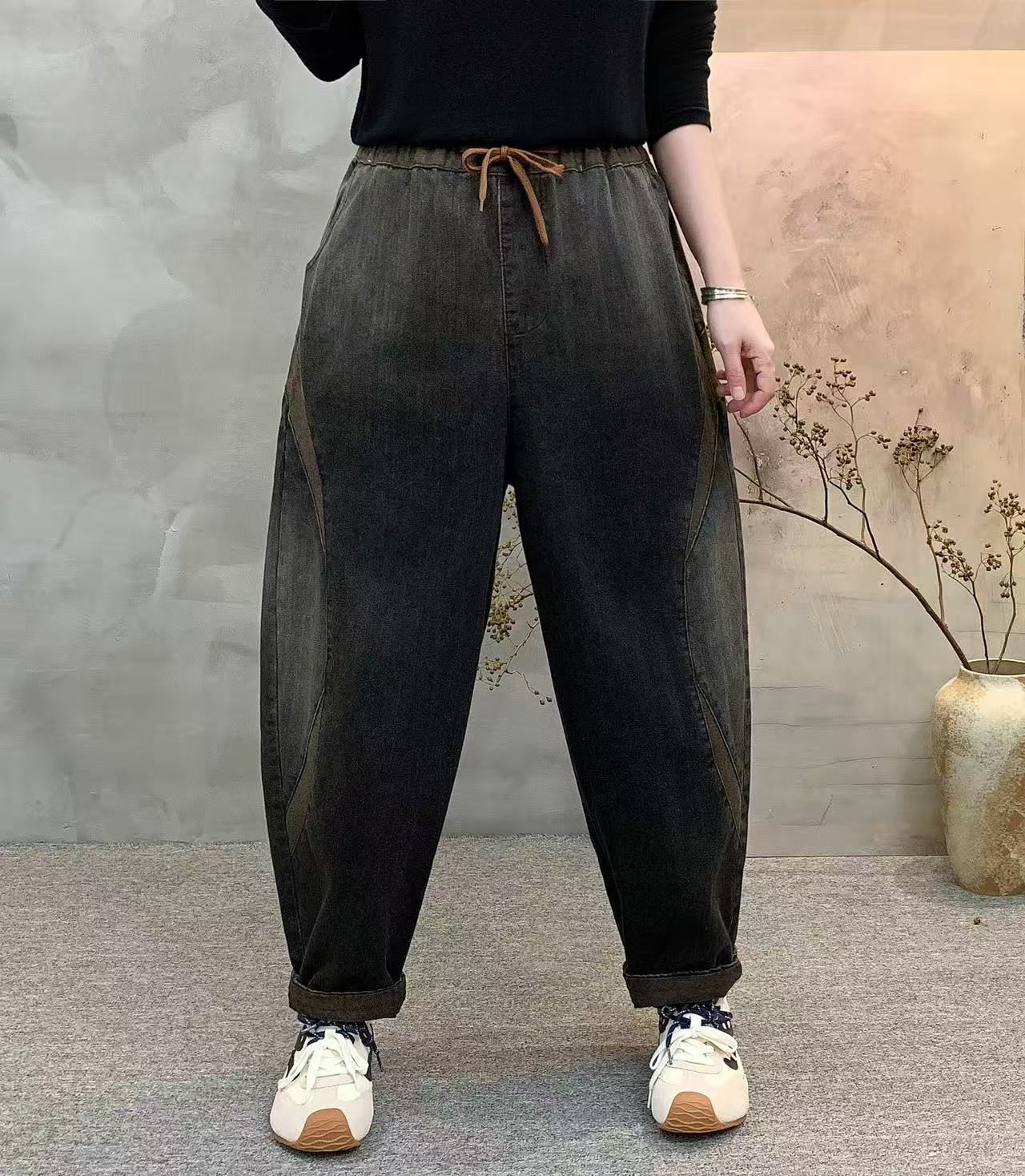 拼接时尚牛仔裤女秋季新款做旧潮流宽松遮肉显瘦百搭哈伦裤九分裤