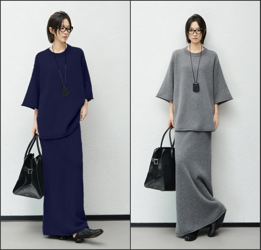 霜降懒人套装 厚款北欧风羊绒针织衫上衣半裙套装