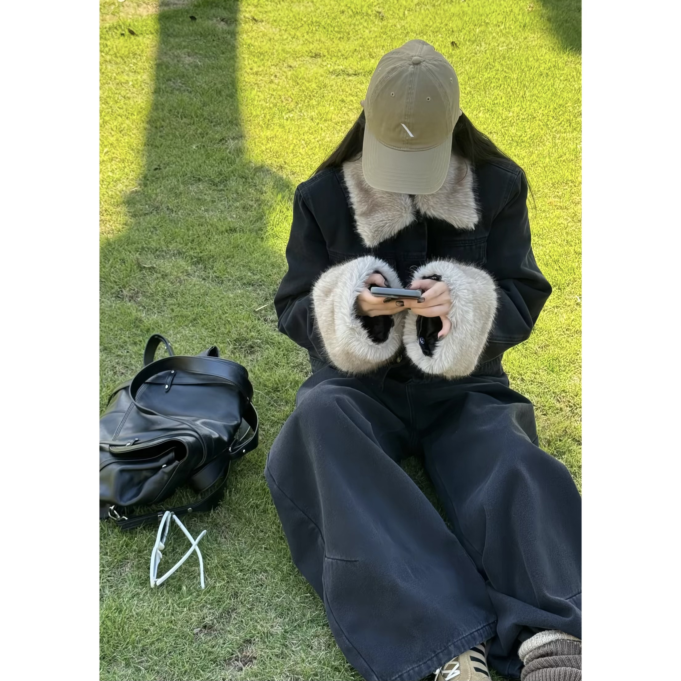 冬约牛仔（黑牛仔）～夹棉牛仔外套加绒弯刀裤套装（毛领袖口可拆卸）