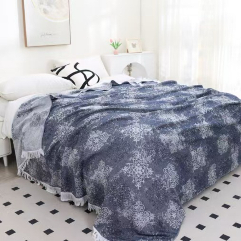 【尼安-蓝】天然汉麻毛巾被轻奢流苏休闲毯睡毯长绒棉盖毯午睡毯