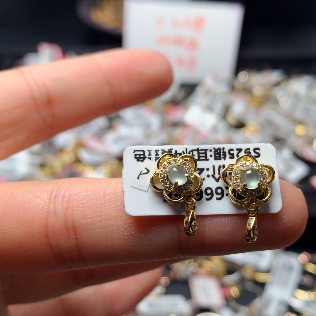 翡翠戒指银S925镶嵌耳坠