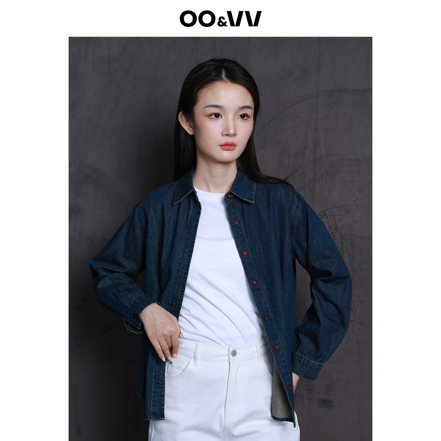 OO&VV压褶翻领2025百搭宽松春季衬衫长袖工装牛仔上衣