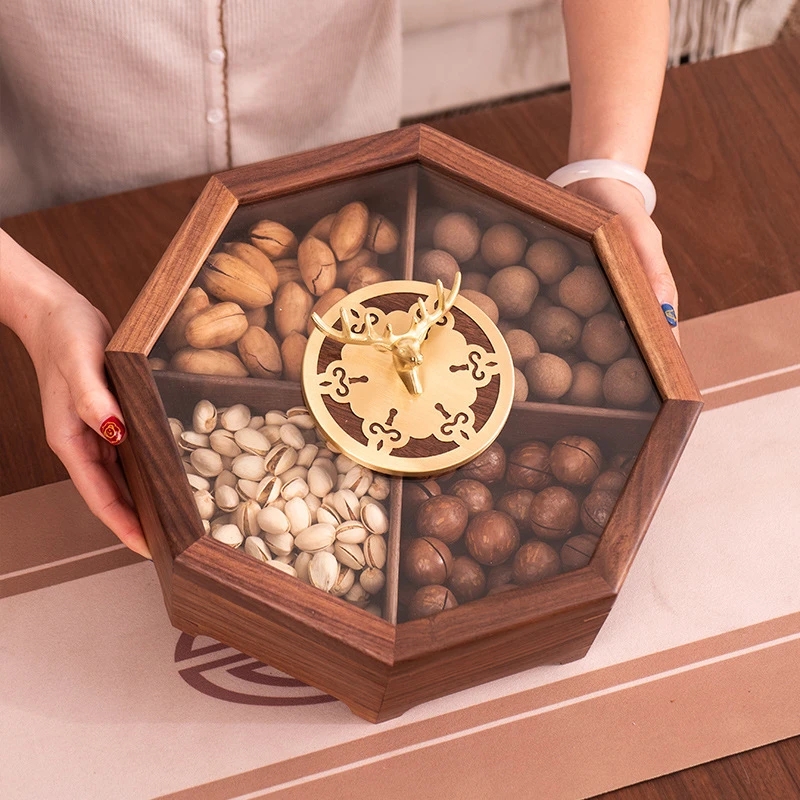 北美黑胡桃四宫格干果盒家用客厅坚果零食水果收纳盒轻奢果盒