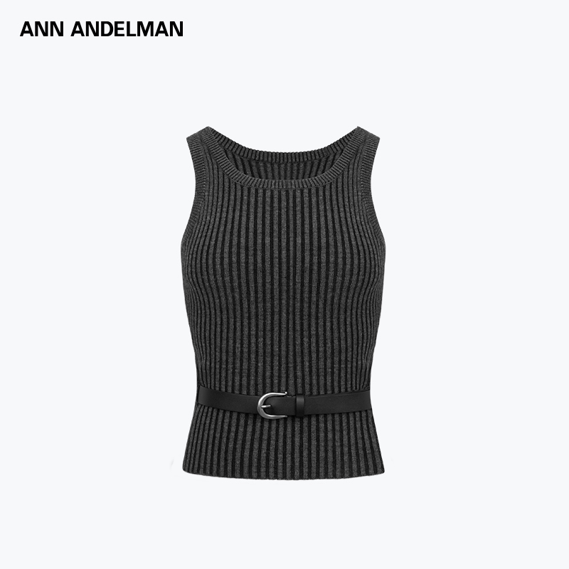 ANN ANDELMAN深灰色修身毛针织设计感时尚皮带背心吊带女内搭