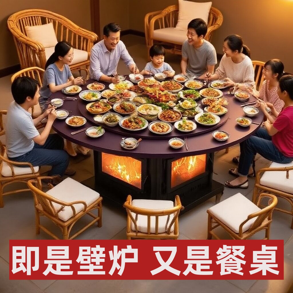 郎图特四面观火360旋转餐桌取暖炉地排烟圆桌家用室内外烤火桌子