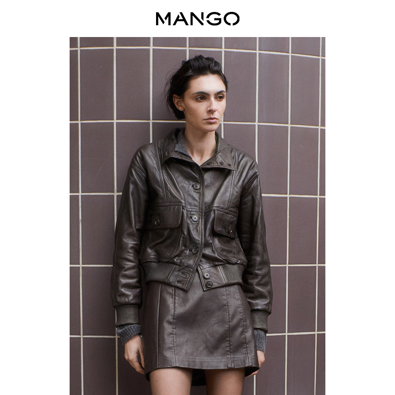 MANGO女装短外套2025冬装新款复古百搭绵羊真皮柔软皮夹克外套