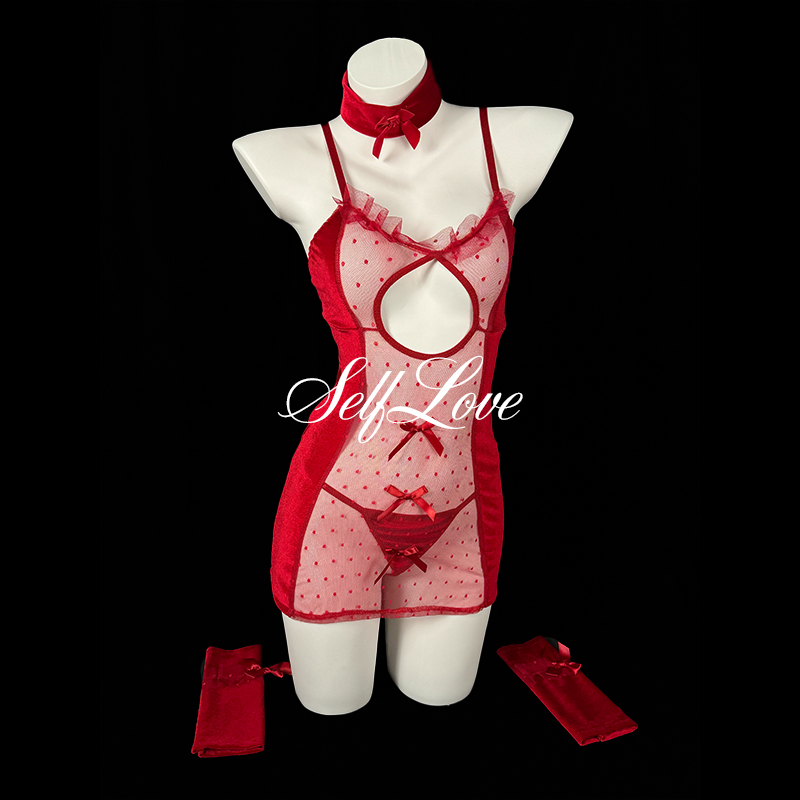 SelfLove月季·「草莓蛋糕」丝绒吊带性感网纱角色扮演猫女郎套装女