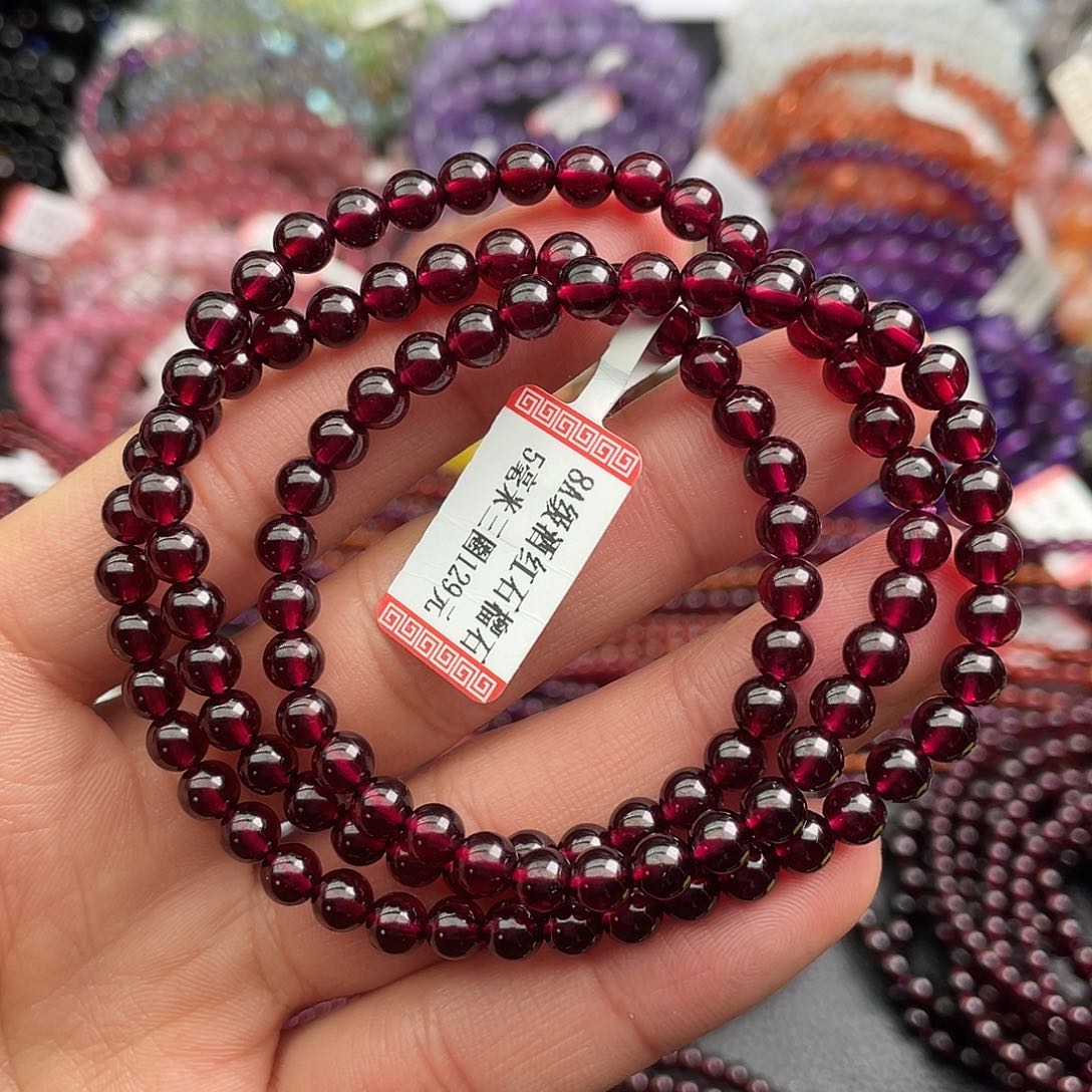 石榴石手链未镶嵌5.3毫米三圈8A级酒红石榴石