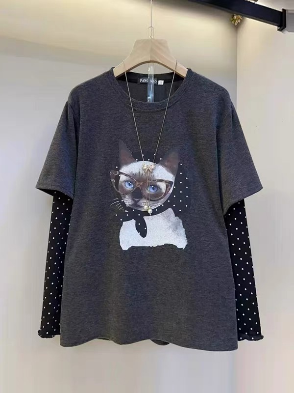 9187*秋冬韩版宽松假两件长袖显瘦百搭打底T恤圆领拼接