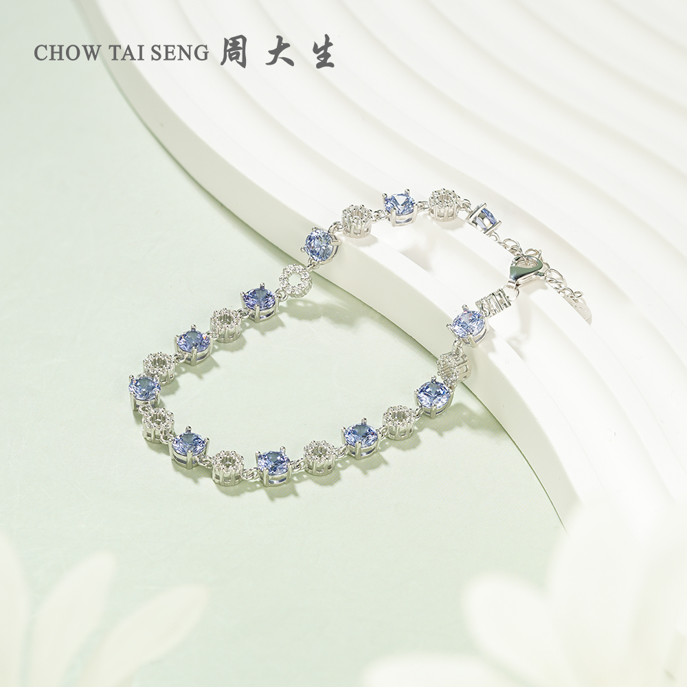 925银手链 周大生银手链彩色甜美简约镶嵌小众轻奢超闪【品下】