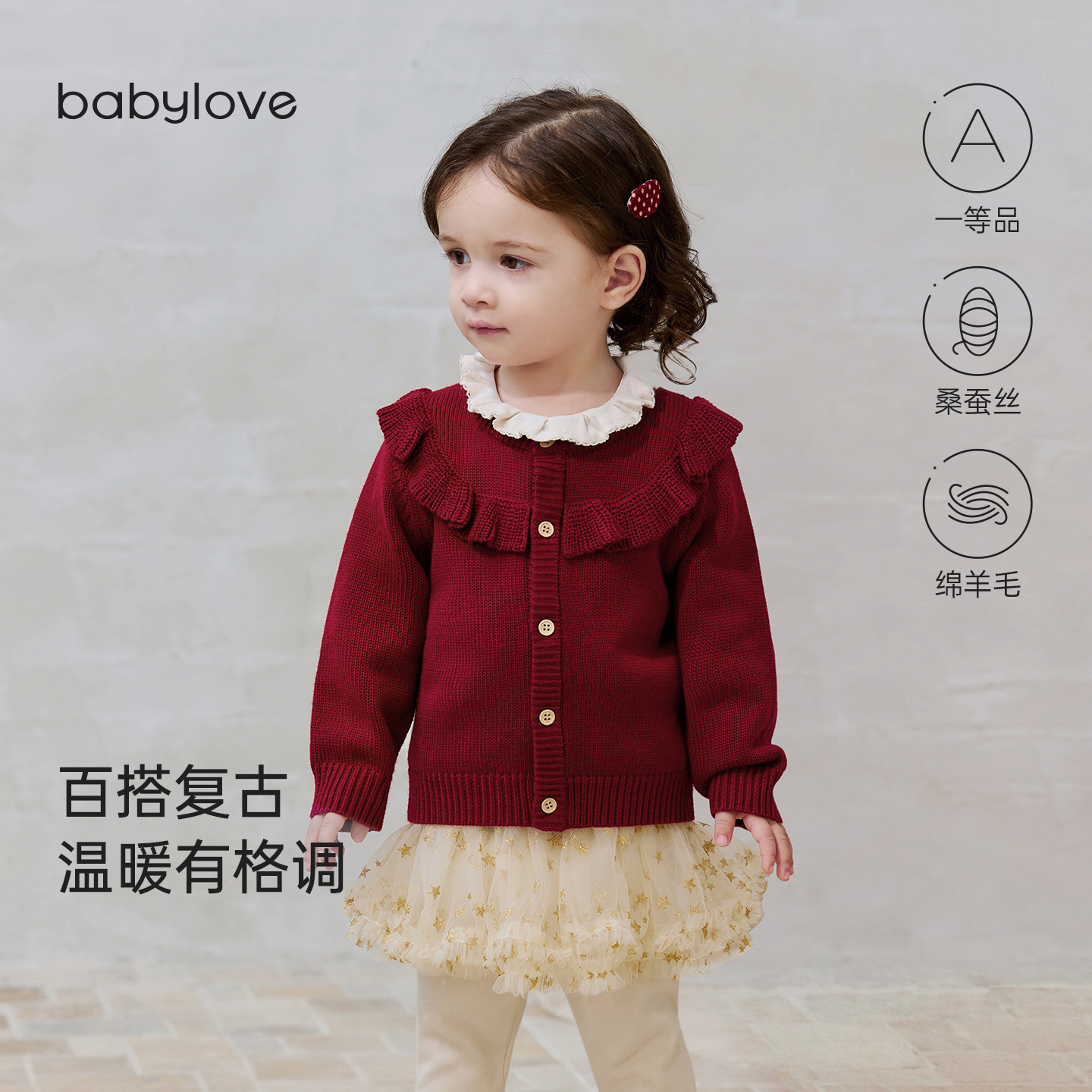 babylove宝宝毛衣开衫百搭复古花边领外套秋冬叠穿针织衫羊毛上衣