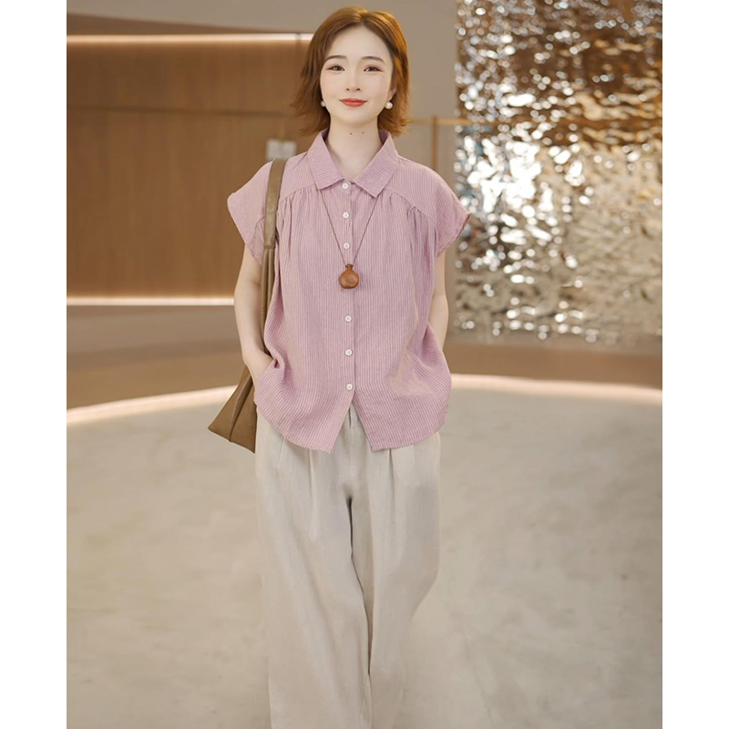 2025夏季女士亚麻飞飞袖上衣洋气百搭时尚显瘦小众T恤M37-2559