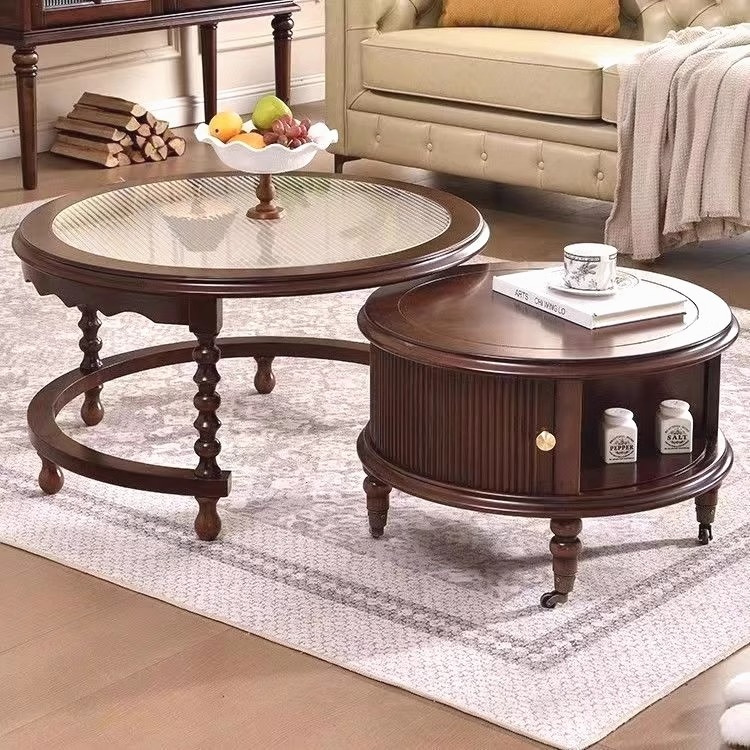 法式实木复古茶几美式中古风家用客厅小户型圆形组合边几胡桃色