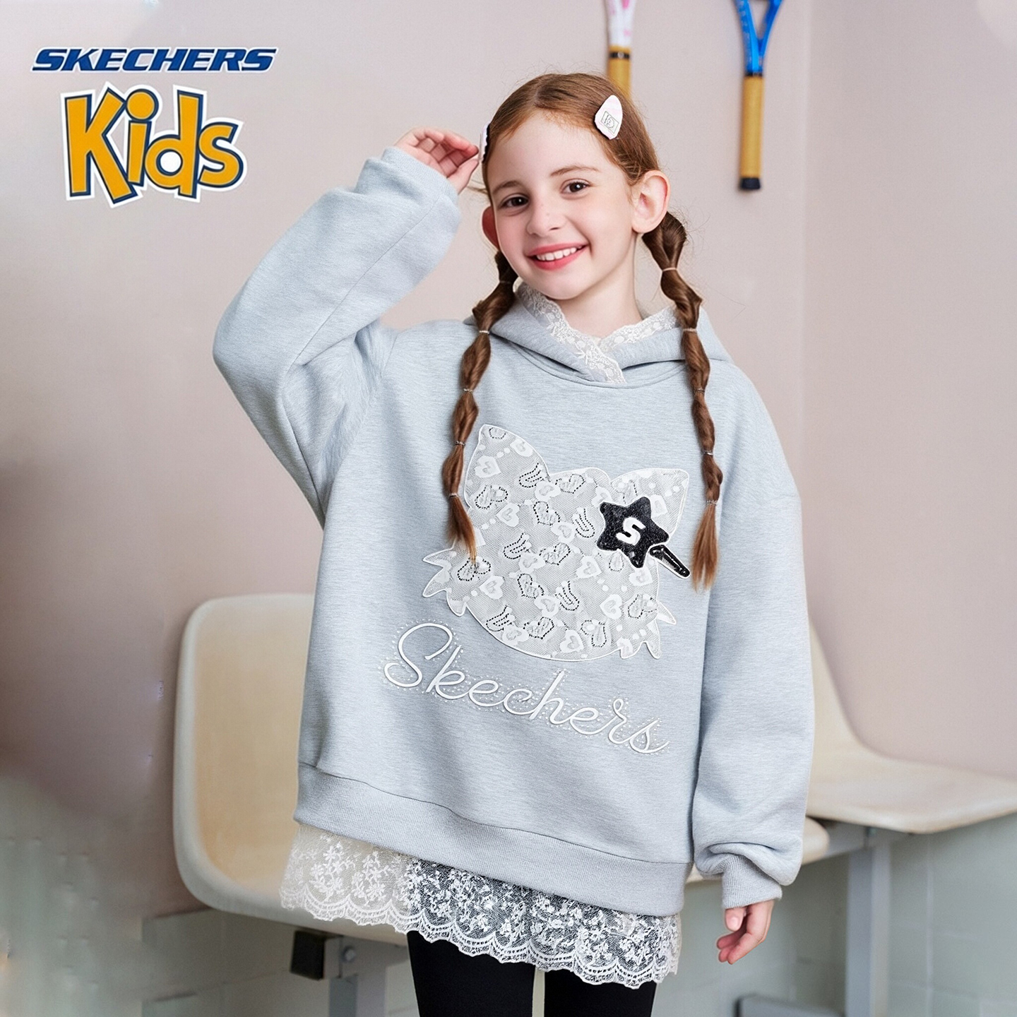 Skechers Kids斯凯奇童装新款运动风的蕾丝连帽卫衣H425G284【ZL】