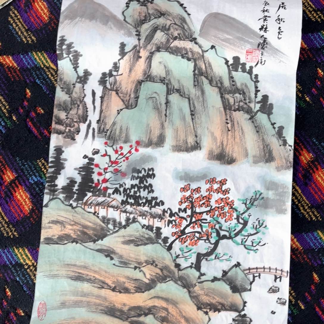 国画陈三虎四尺三开山水朱