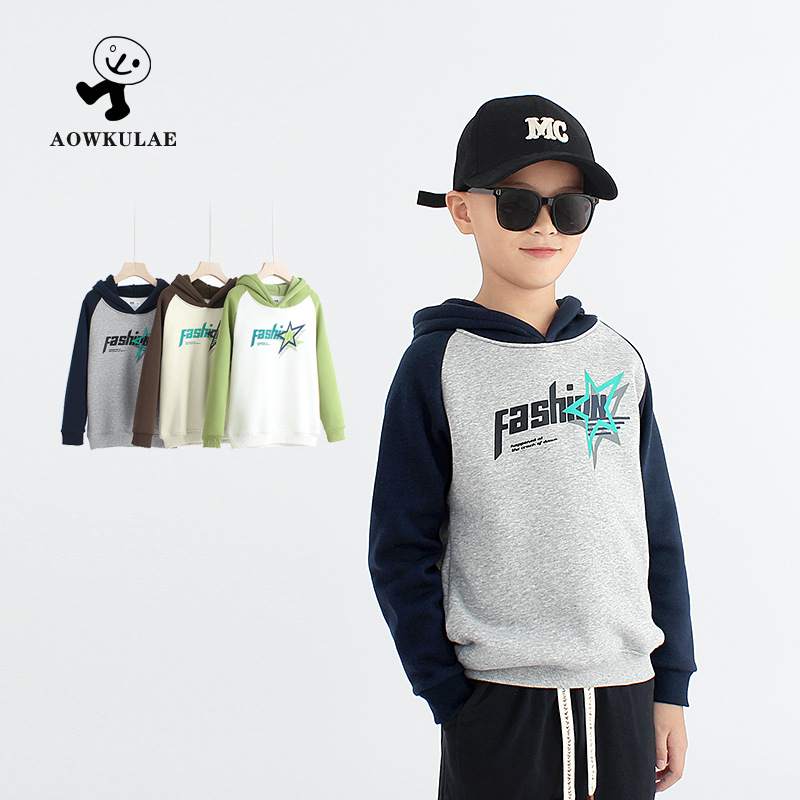 秋冬季儿童韩版新款摇粒绒连帽卫衣 中大童撞色保暖上衣男童卫衣