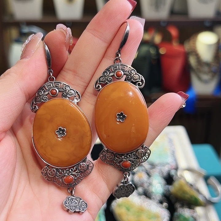 琥珀耳饰银S925镶嵌耳环