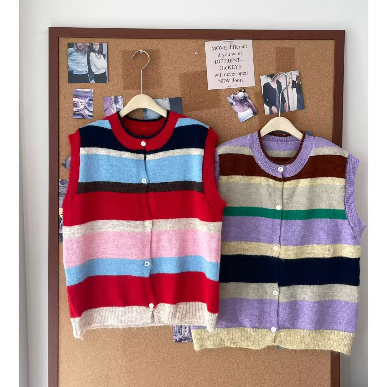 拼色条纹 圆领彩虹马甲背心毛衣