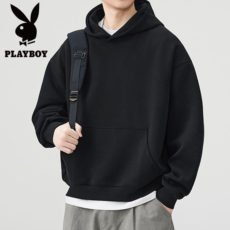 PLAYBOY/花花公子美式纯色连帽长袖秋季重磅连帽卫衣潮流情侣上衣