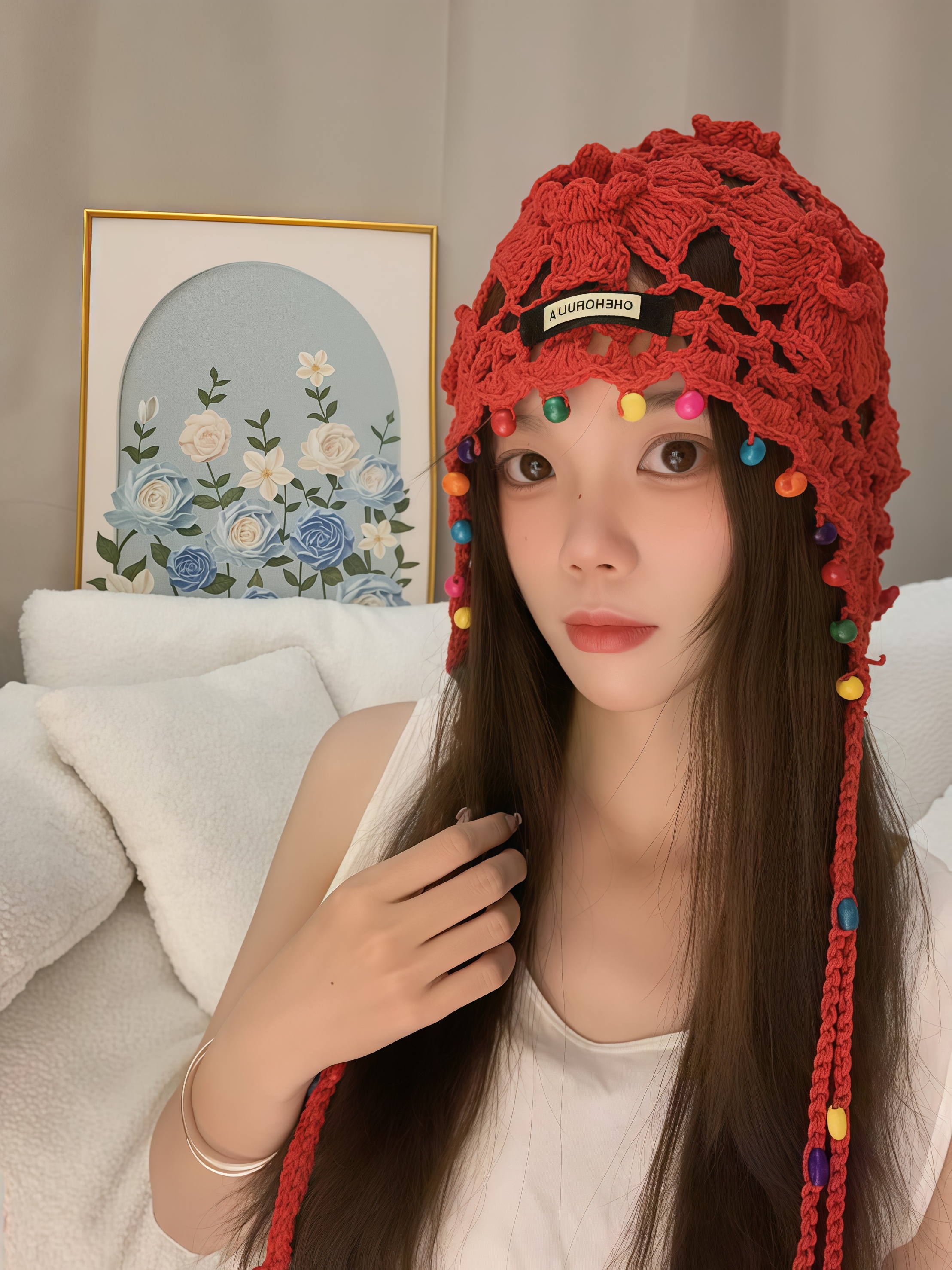 波西米亚花朵流苏珠珠编织包头女复古镂空民族风手工针织帽日系