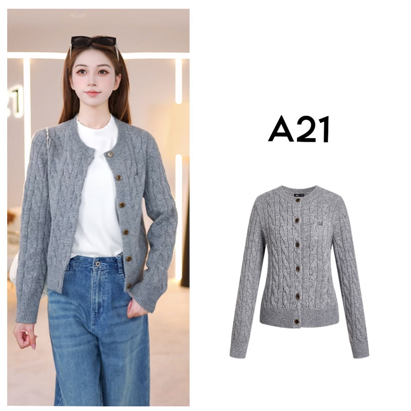 A21女装圆领开衫毛针织衫2024秋冬新款慵懒风设计毛衣F444243002