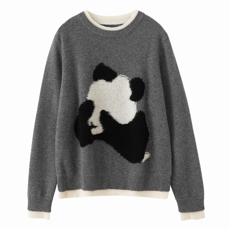 好喜欢萌翻了鄂尔多斯市加厚熊猫圆领100%羊绒套头针织羊绒毛衣女