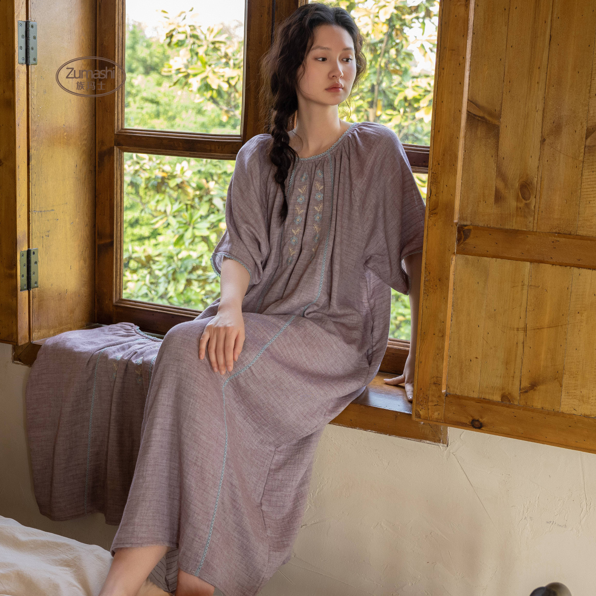 族玛士纯棉纱布睡裙女夏季天短袖长裙2025新款刺绣大码家居服睡衣