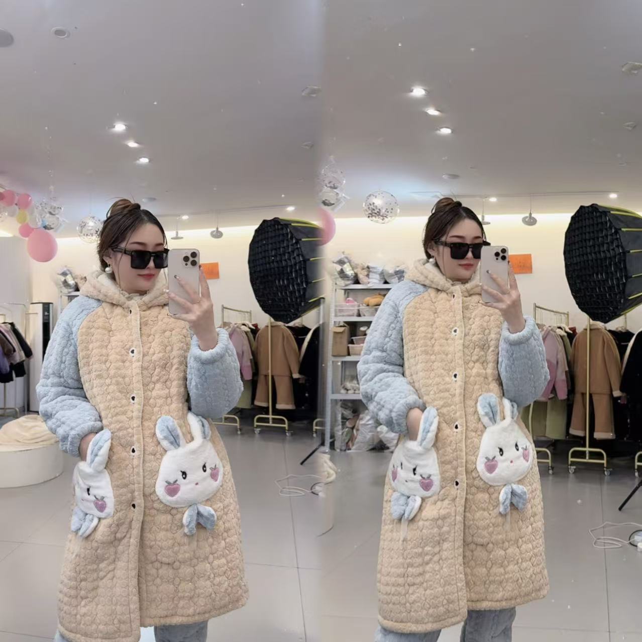 7205花嫂家冬季行走的小火炉三层加棉加厚撞色长袍家居服睡衣套装