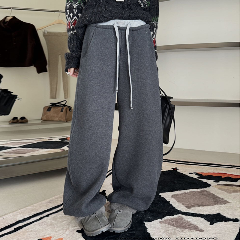 喜新款弯刀裤抽绳松紧高腰拼色阔腿裤加厚绒休闲长裤女9370-8