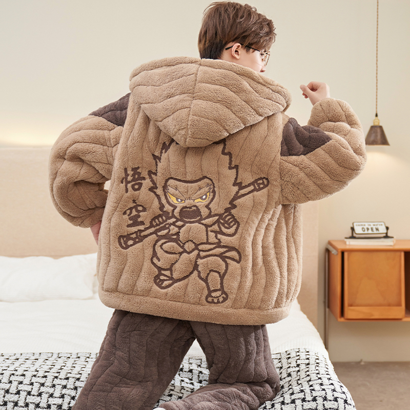 珊瑚绒连帽睡衣男士秋冬季三层夹棉加厚加绒保暖家居服套装可外穿
