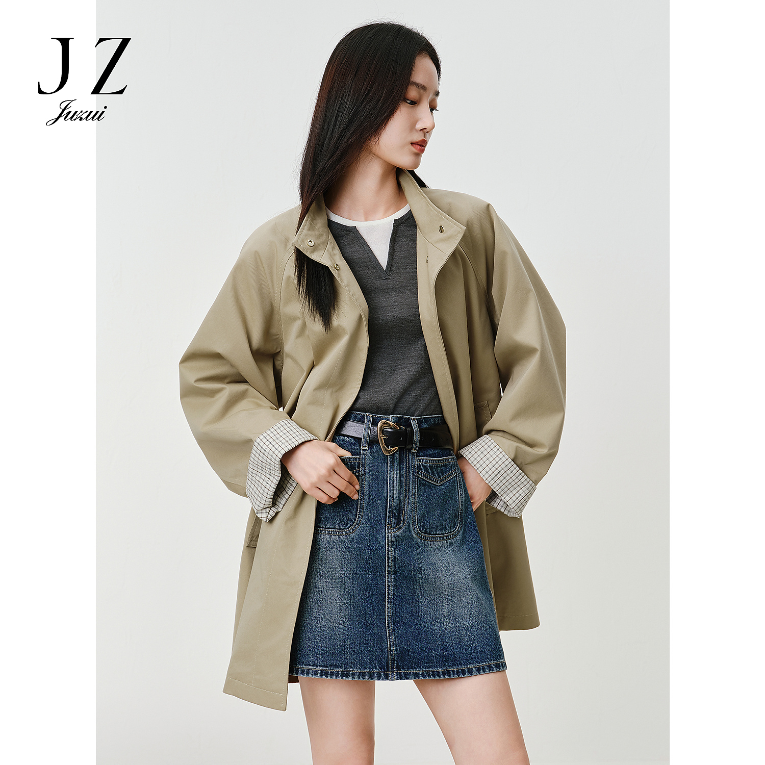 JUZUI玖姿韩系简约袖口格纹撞色风衣女2025秋季新款JTFQ41302