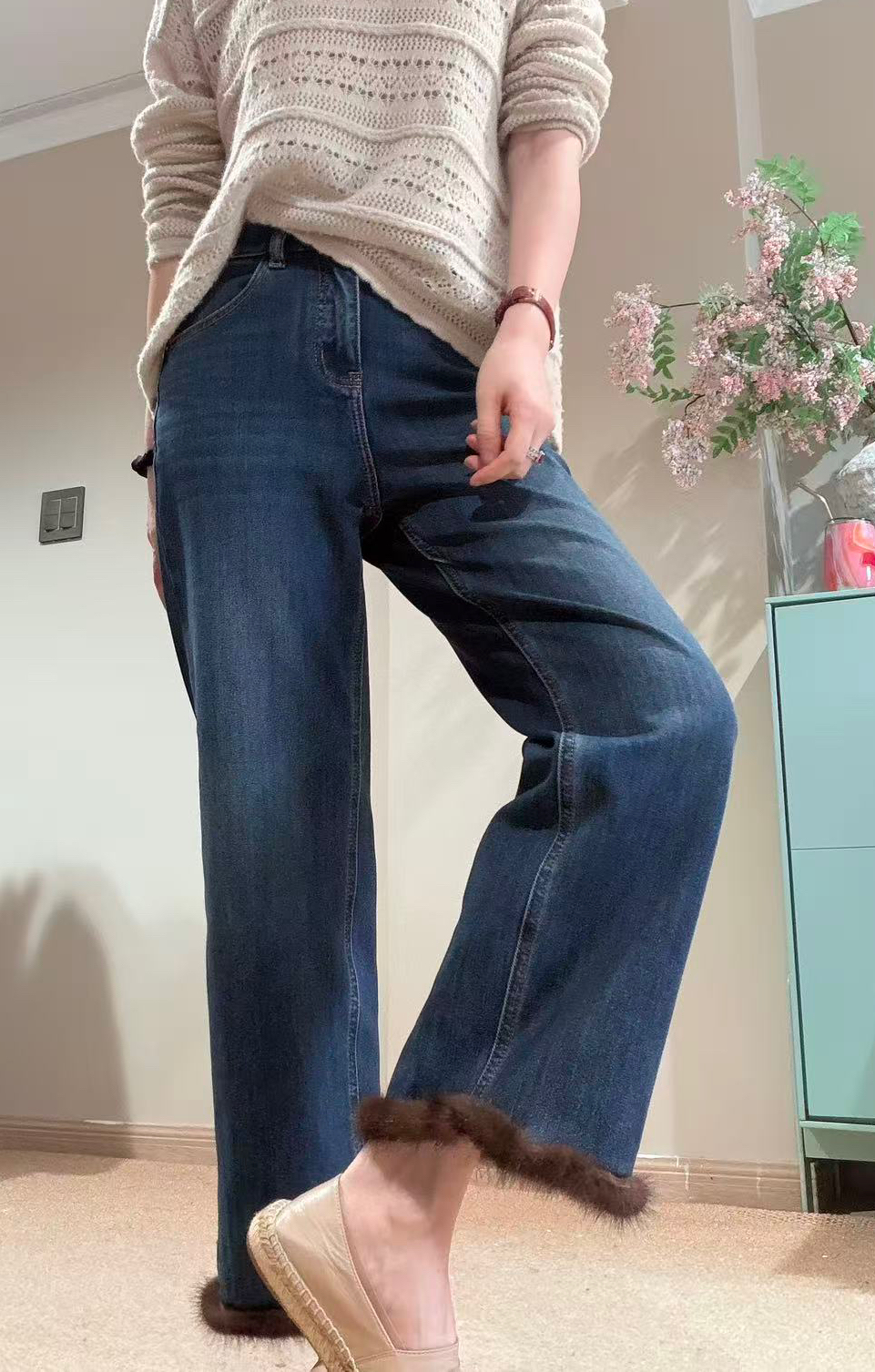 加绒九分拼毛毛筒喇牛仔裤