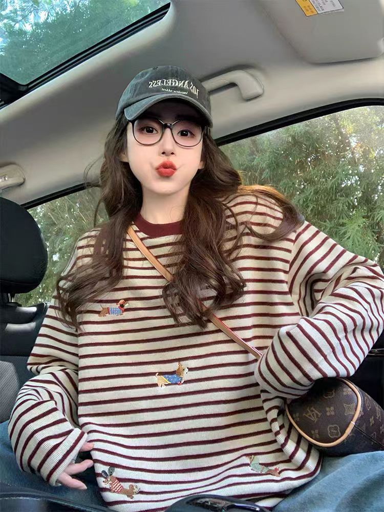 红色条纹长袖t恤女2025新款秋冬内搭慵懒风宽松内里磨毛加厚上衣