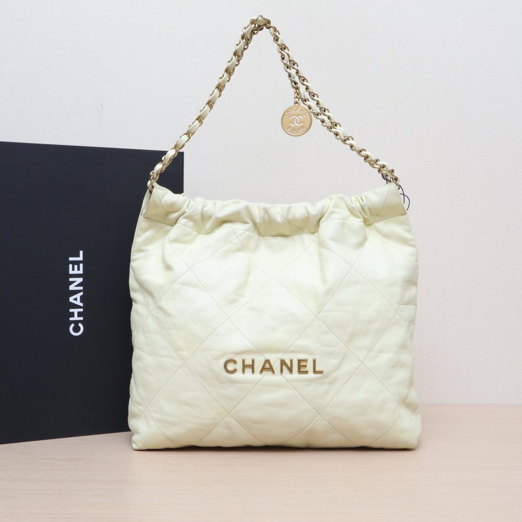 95新 Chanel/香奈儿 小花双双 22Bag 托特包 中号 黄色 芯片开