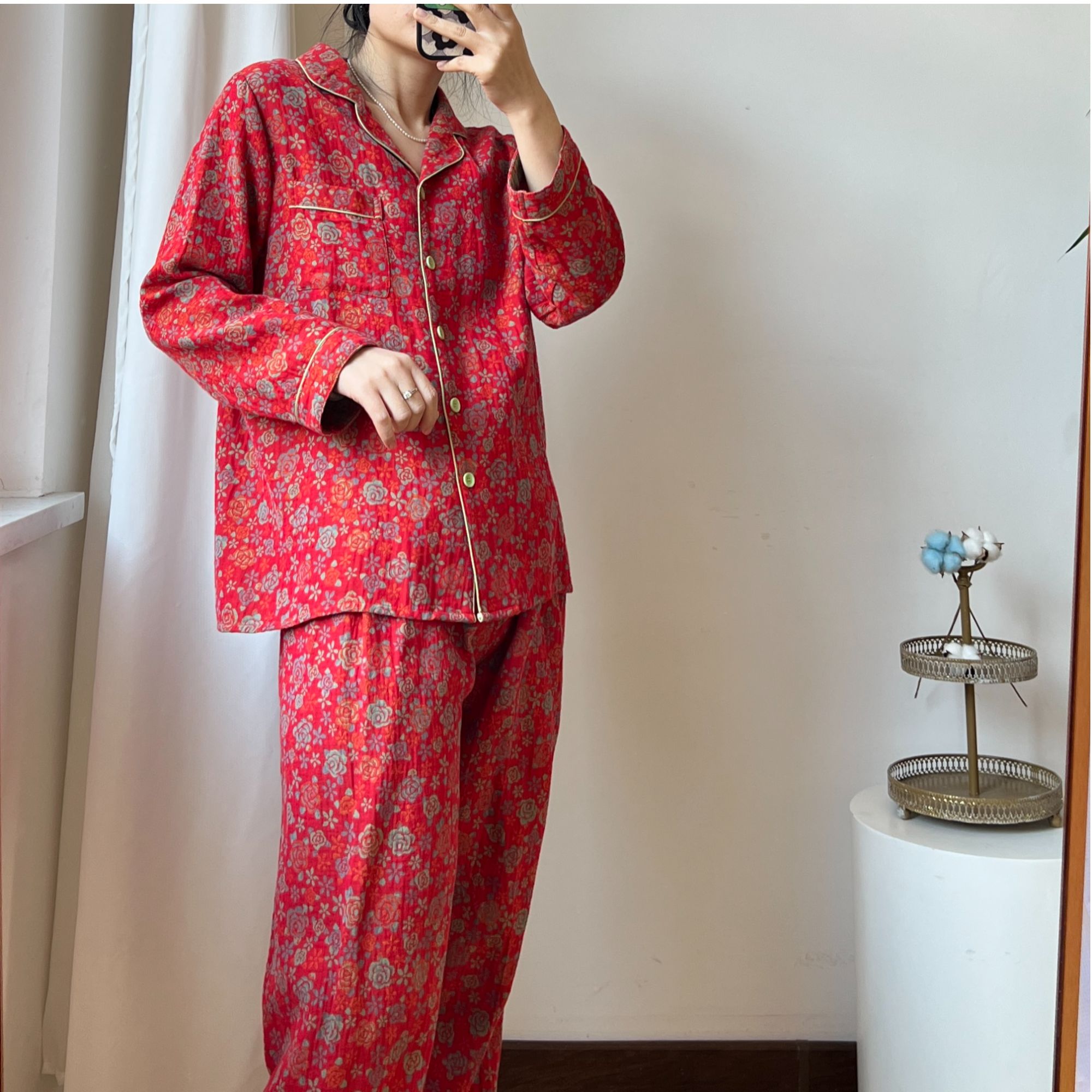 女士大提花双层纱100%棉复古气质款四季款睡衣家居服套装11278