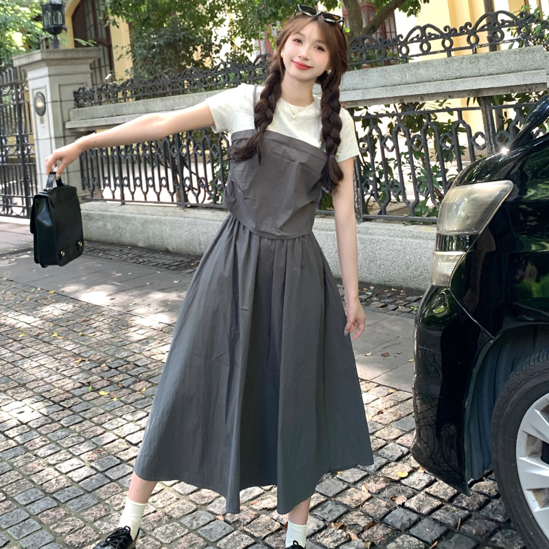 法式气质显瘦减龄百搭圆领T恤搭配吊带连衣裙两件套女2024夏新款