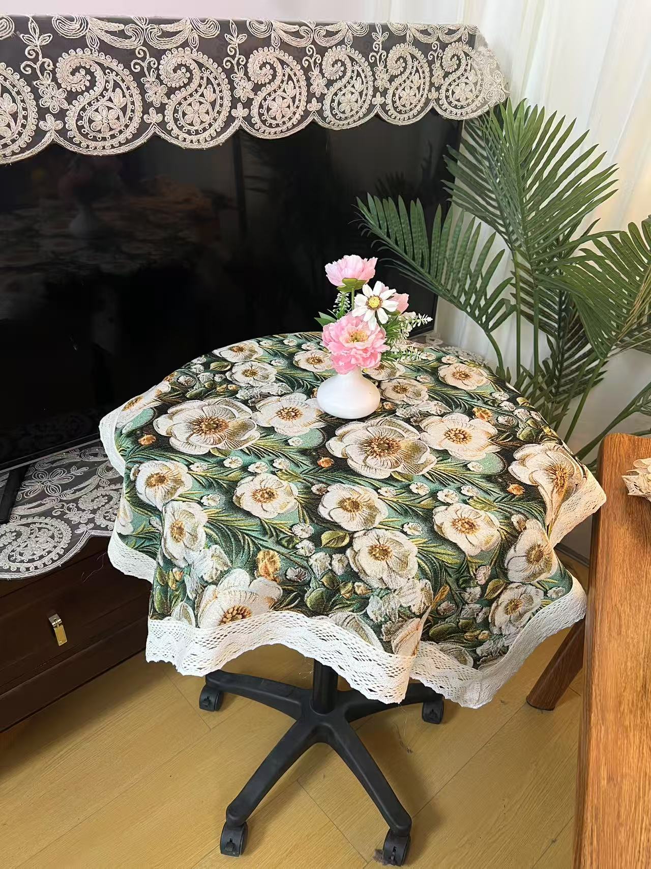 ZN197-39棉麻【80*80】栀子花棉麻交织布桌布茶几布多功能盖巾