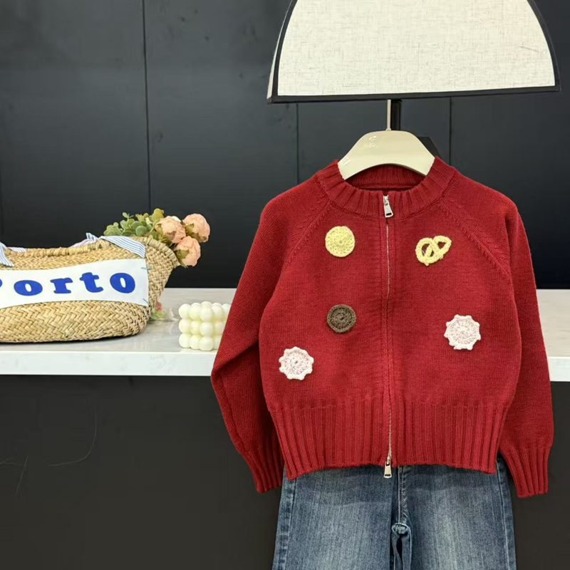 【现货】leomama女童毛衣开衫秋季洋气儿童手工钩花针织衫休闲外套