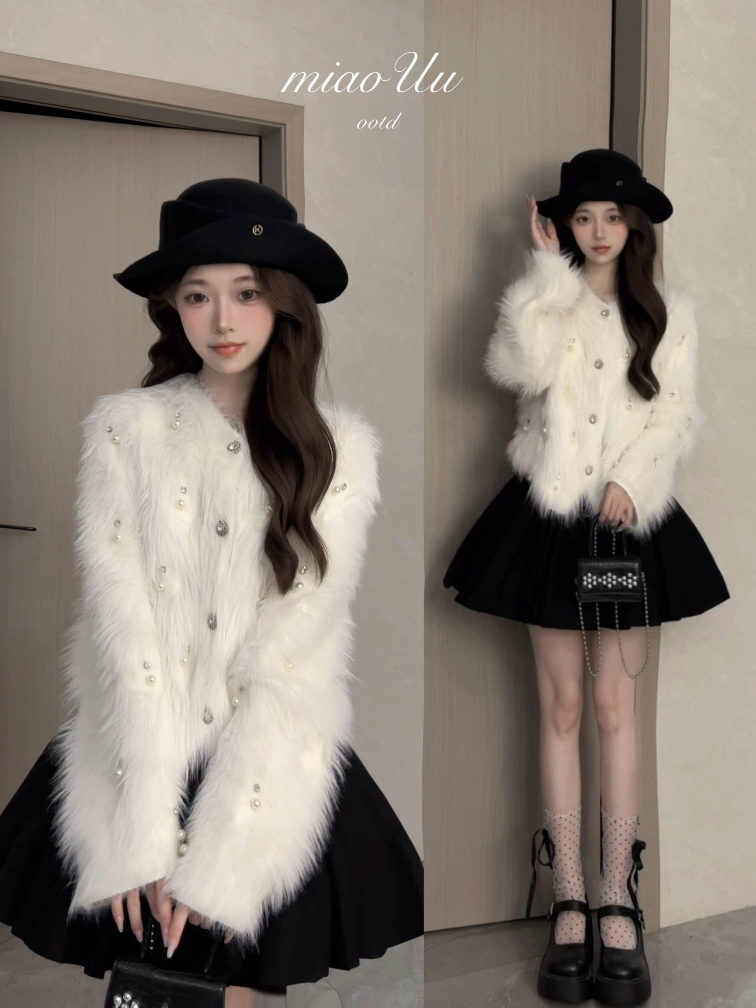 气质名媛珍珠仿貂毛针织外套女秋冬季小香风时尚短款毛毛环保皮草