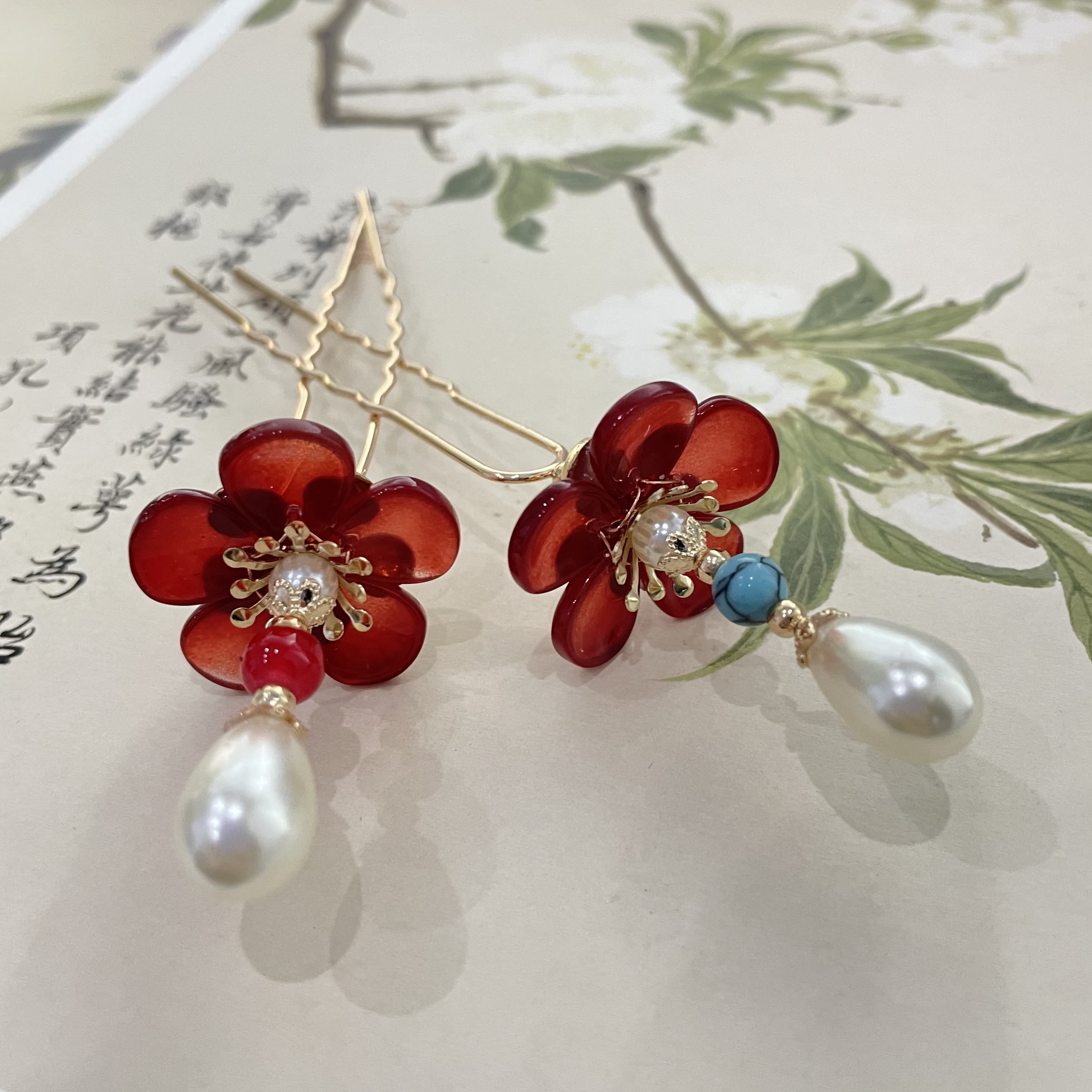 古风发钗花瓣红色百搭汉服头饰簪子