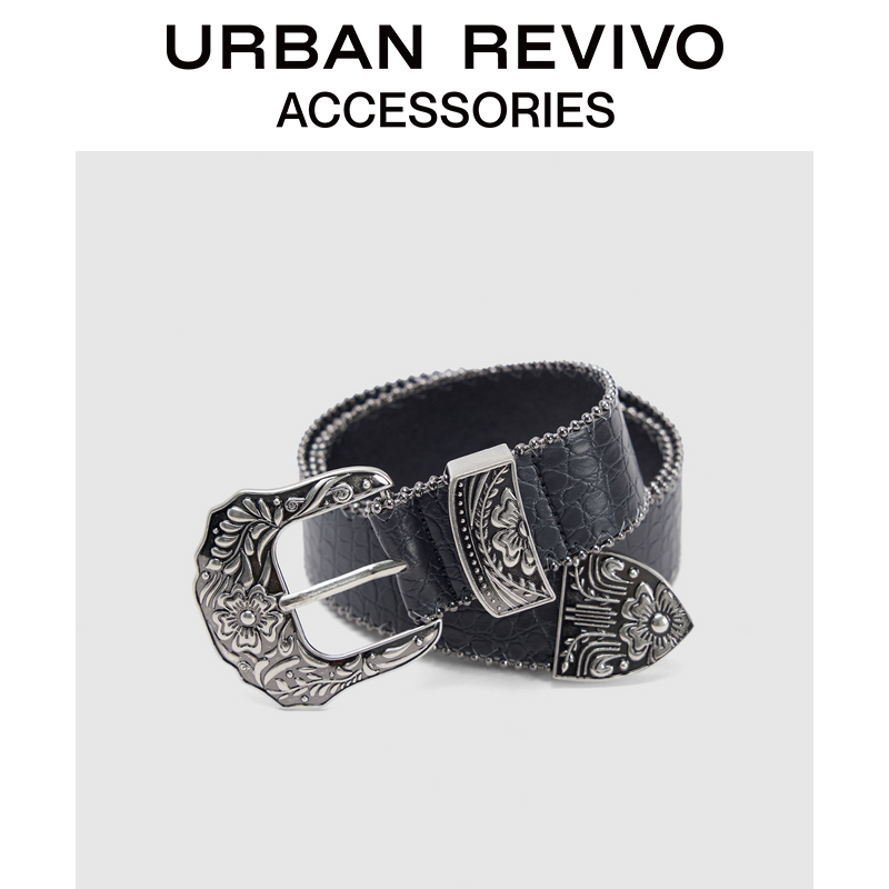 URBAN REVIVO2025春季新款女士时尚银色扣头皮带UAWA50036