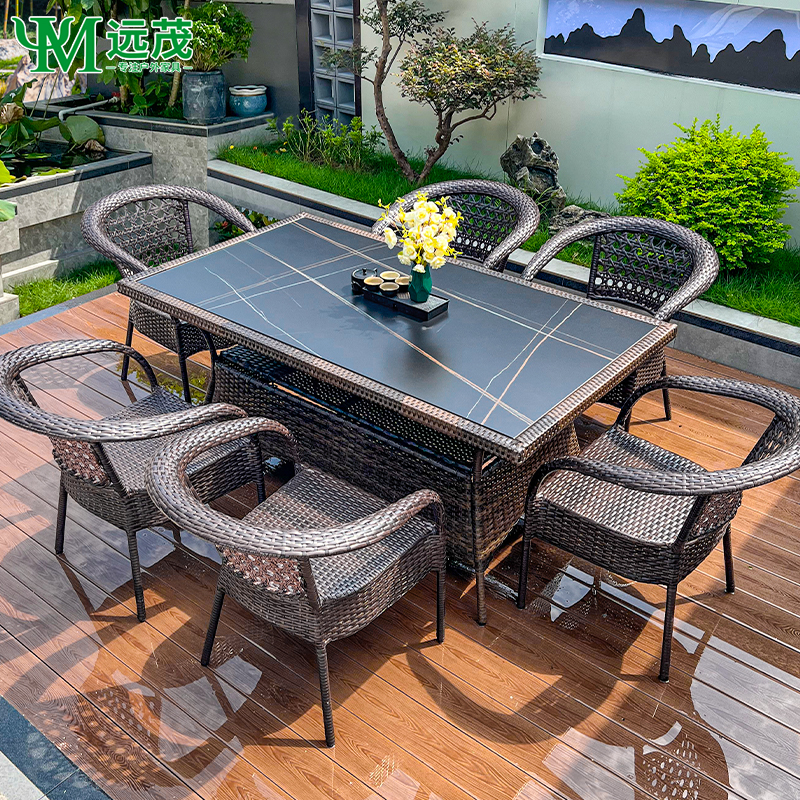 【远茂品牌】高端户外编藤岩板桌椅庭院花园露台岩板可淋雨防晒