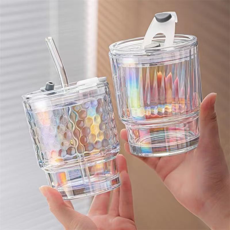 【福利款】创意少女心简约风喝水杯玻璃杯吸管玻璃学生彩虹炫彩杯