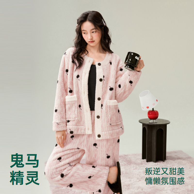安之伴【巨保暖】双面安蕊绒睡衣女秋冬加厚居家服套装82541320852