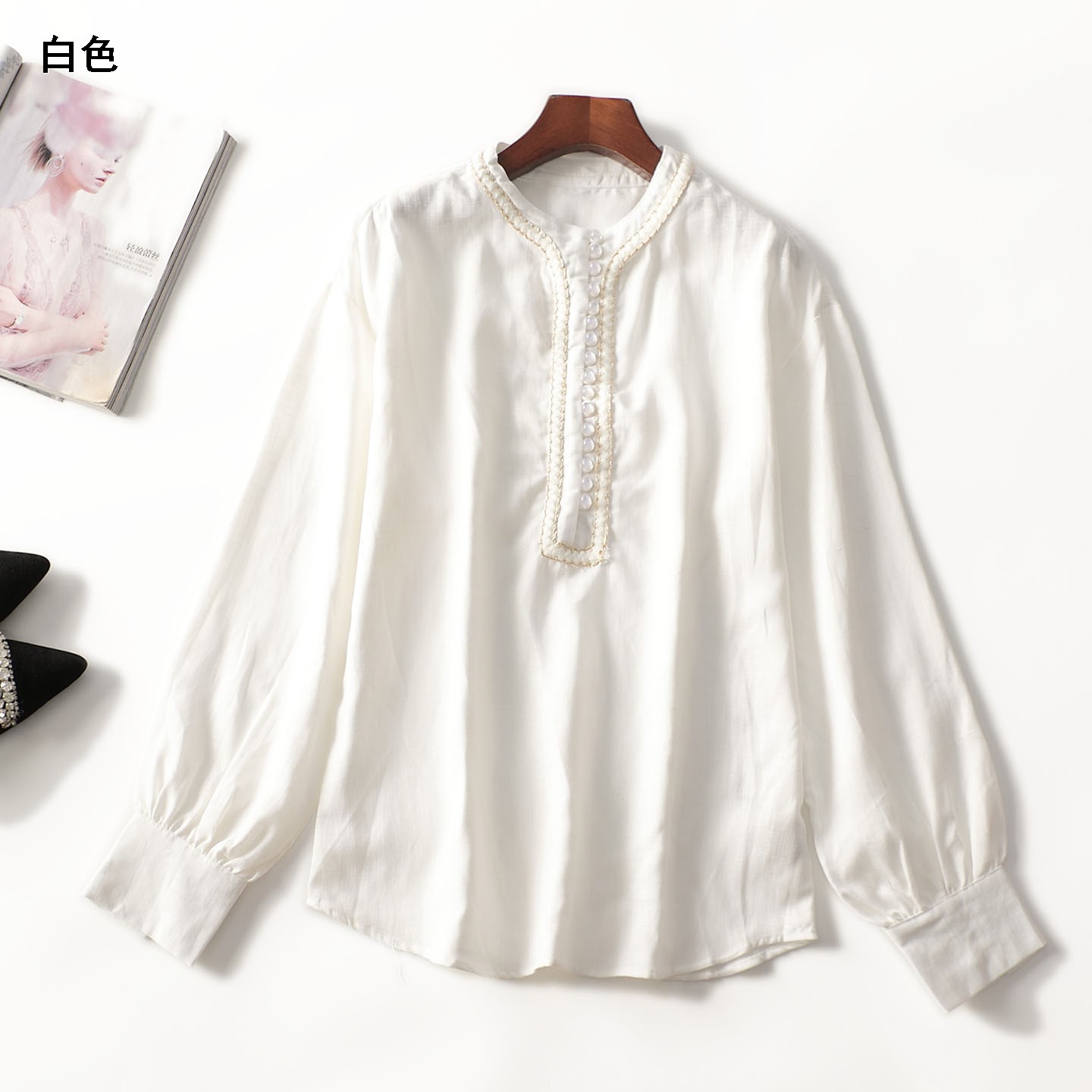 412886秋中长款长袖套头上衣白色内搭